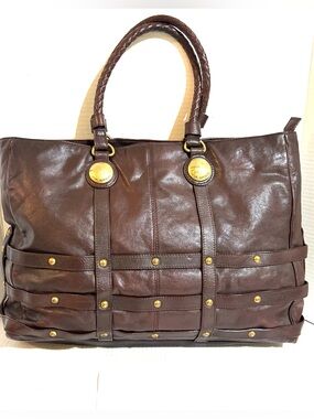 Brown distressed Leather Studded Tote Bag